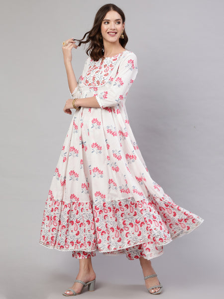 Pink Pure Cotton Floral Round Neck Anarkali Kurta, Pant & Dupatta Set For Women Mizaz Jaipur