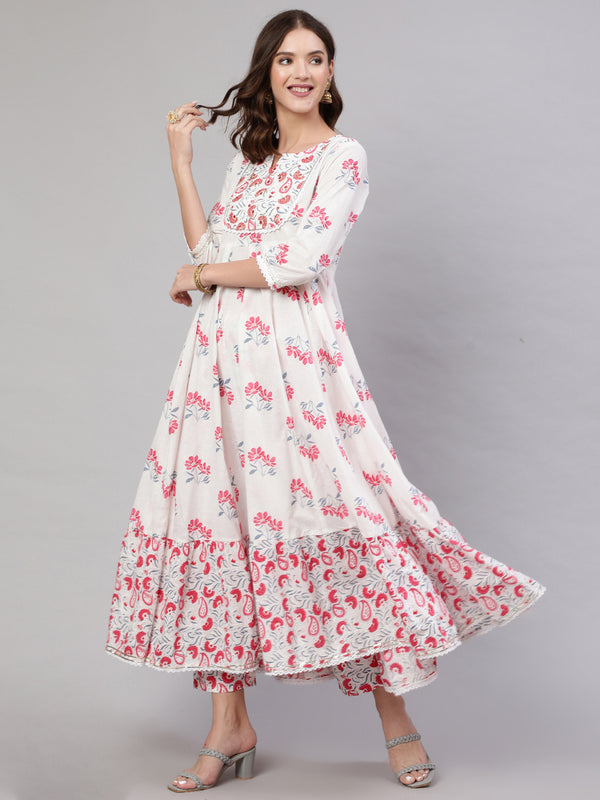 Pink Pure Cotton Floral Round Neck Anarkali Kurta, Pant & Dupatta Set For Women Mizaz Jaipur