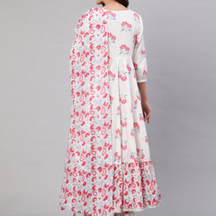 Pink Pure Cotton Floral Round Neck Anarkali Kurta, Pant & Dupatta Set For Women Mizaz Jaipur