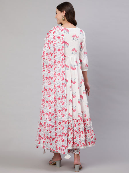 Pink Pure Cotton Floral Round Neck Anarkali Kurta, Pant & Dupatta Set For Women Mizaz Jaipur