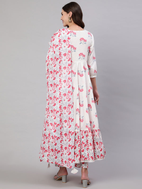 Pink Pure Cotton Floral Round Neck Anarkali Kurta, Pant & Dupatta Set For Women Mizaz Jaipur