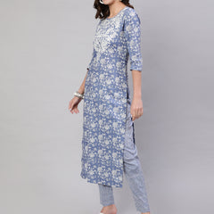 Blue Pure Cotton Embroidered Round Neck Straight Kurta, Pant & Dupatta Set For Women Mizaz Jaipur