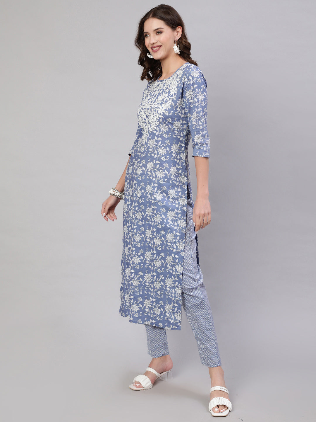 Blue Pure Cotton Embroidered Round Neck Straight Kurta, Pant & Dupatta Set For Women Mizaz Jaipur