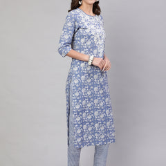 Blue Pure Cotton Embroidered Round Neck Straight Kurta, Pant & Dupatta Set For Women Mizaz Jaipur