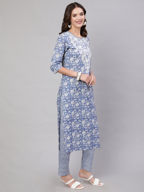 Blue Pure Cotton Embroidered Round Neck Straight Kurta, Pant & Dupatta Set For Women Mizaz Jaipur