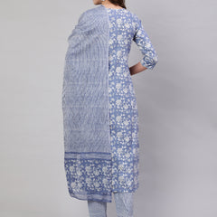 Blue Pure Cotton Embroidered Round Neck Straight Kurta, Pant & Dupatta Set For Women Mizaz Jaipur
