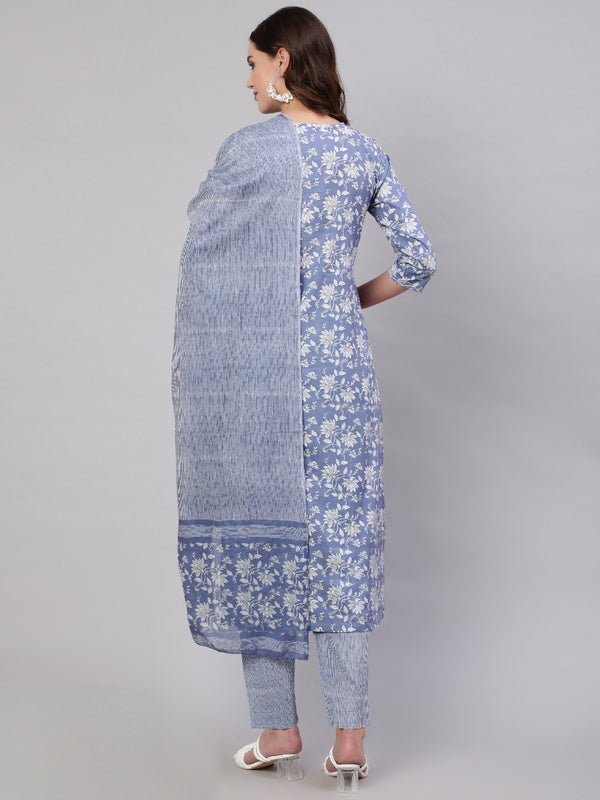 Blue Pure Cotton Embroidered Round Neck Straight Kurta, Pant & Dupatta Set For Women Mizaz Jaipur