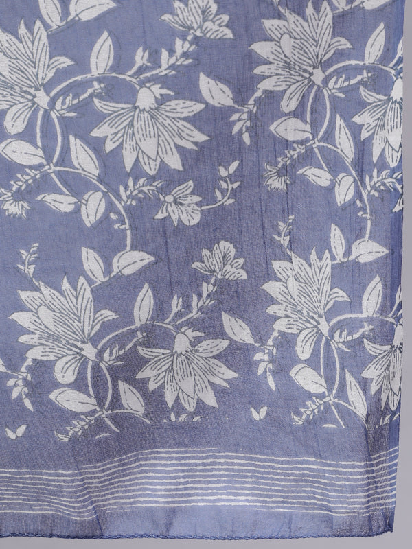Blue Pure Cotton Embroidered Round Neck Straight Kurta, Pant & Dupatta Set For Women Mizaz Jaipur