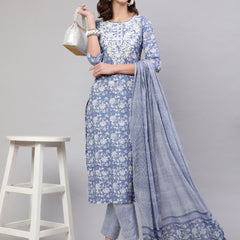 Blue Pure Cotton Embroidered Round Neck Straight Kurta, Pant & Dupatta Set For Women Mizaz Jaipur