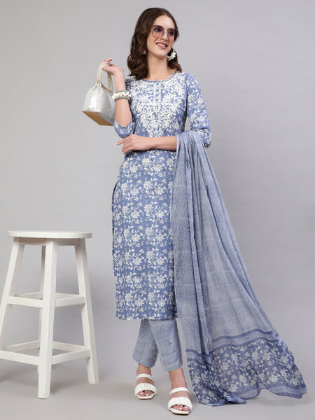 Blue Pure Cotton Embroidered Round Neck Straight Kurta, Pant & Dupatta Set For Women Mizaz Jaipur