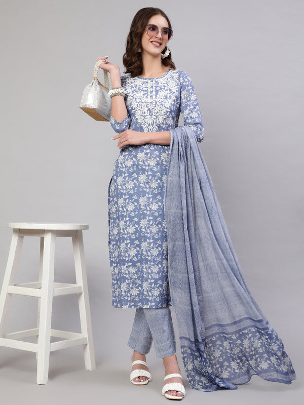 Blue Pure Cotton Embroidered Round Neck Straight Kurta, Pant & Dupatta Set For Women Mizaz Jaipur