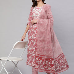 Blush Pink Pure Cotton Embroidered Round Neck Straight Kurta, Pant & Dupatta Set For Women Mizaz Jaipur