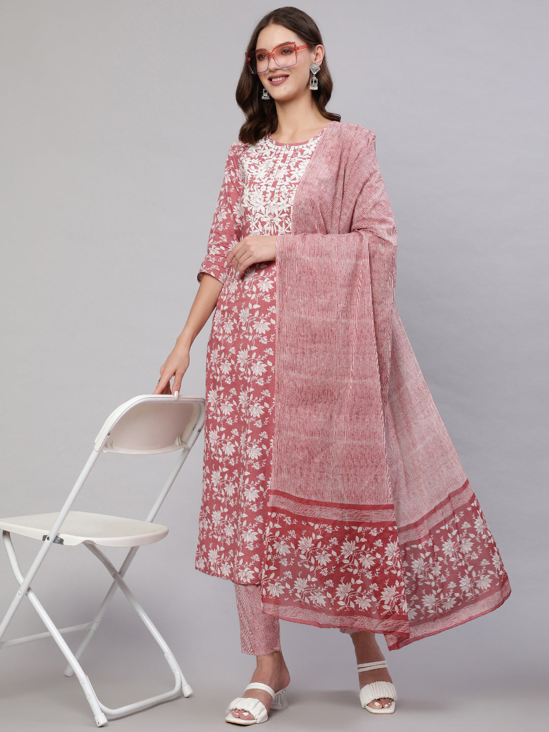 Blush Pink Pure Cotton Embroidered Round Neck Straight Kurta, Pant & Dupatta Set For Women Mizaz Jaipur