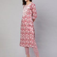 Blush Pink Pure Cotton Embroidered Round Neck Straight Kurta, Pant & Dupatta Set For Women Mizaz Jaipur