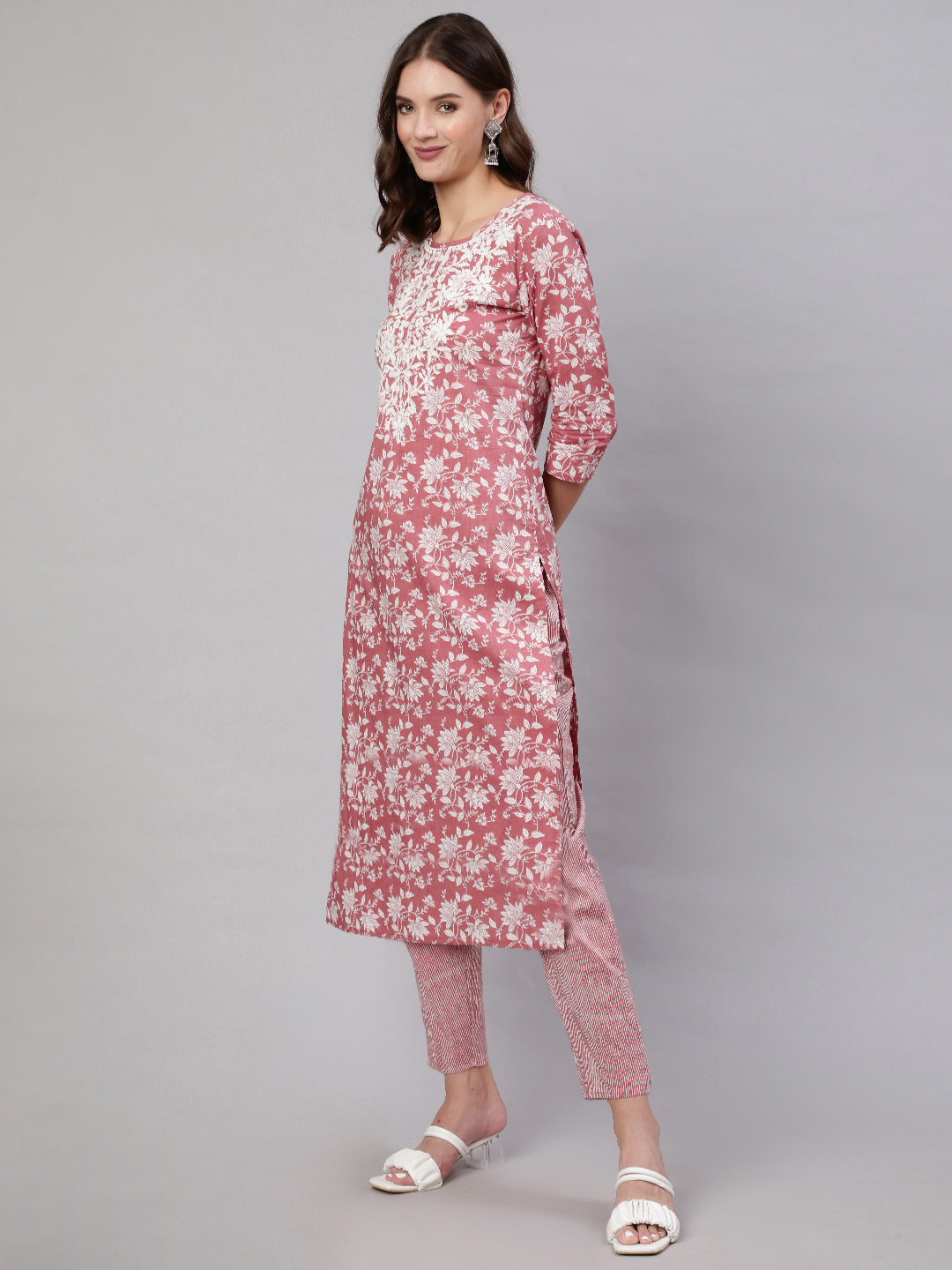 Blush Pink Pure Cotton Embroidered Round Neck Straight Kurta, Pant & Dupatta Set For Women Mizaz Jaipur