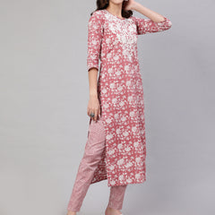 Blush Pink Pure Cotton Embroidered Round Neck Straight Kurta, Pant & Dupatta Set For Women Mizaz Jaipur