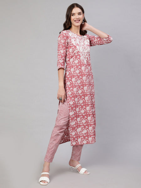 Blush Pink Pure Cotton Embroidered Round Neck Straight Kurta, Pant & Dupatta Set For Women Mizaz Jaipur