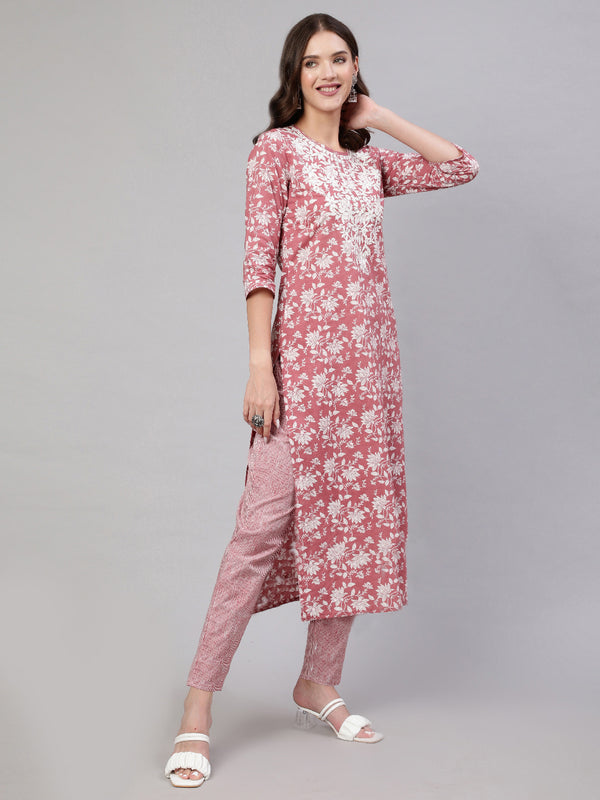 Blush Pink Pure Cotton Embroidered Round Neck Straight Kurta, Pant & Dupatta Set For Women Mizaz Jaipur