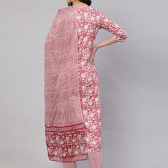 Blush Pink Pure Cotton Embroidered Round Neck Straight Kurta, Pant & Dupatta Set For Women Mizaz Jaipur