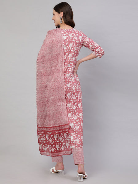 Blush Pink Pure Cotton Embroidered Round Neck Straight Kurta, Pant & Dupatta Set For Women Mizaz Jaipur