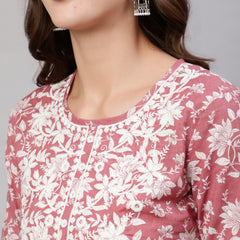 Blush Pink Pure Cotton Embroidered Round Neck Straight Kurta, Pant & Dupatta Set For Women Mizaz Jaipur