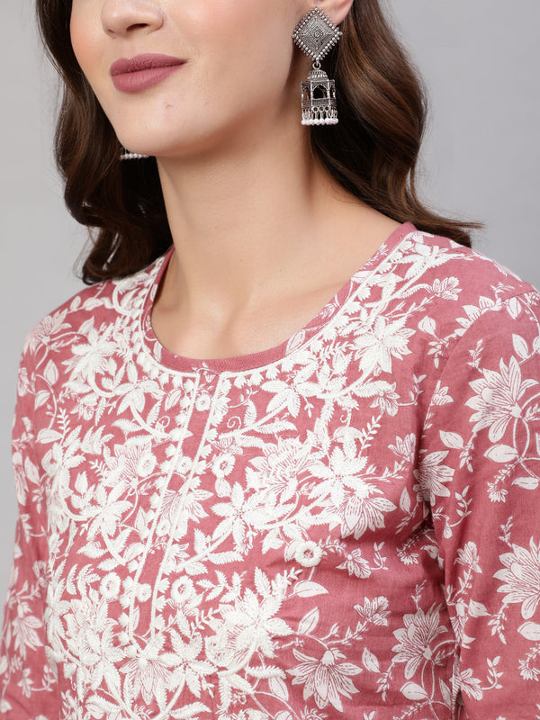 Blush Pink Pure Cotton Embroidered Round Neck Straight Kurta, Pant & Dupatta Set For Women Mizaz Jaipur