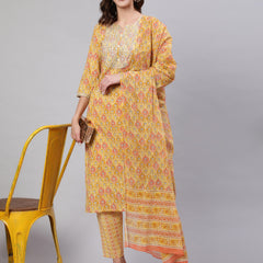Yellow Pure Cotton Embroidered Round Neck Straight Kurta, Pant & Dupatta Set For Women Mizaz Jaipur