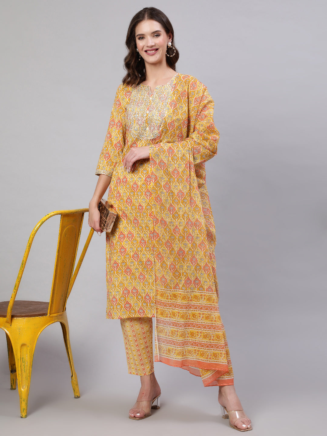 Yellow Pure Cotton Embroidered Round Neck Straight Kurta, Pant & Dupatta Set For Women Mizaz Jaipur