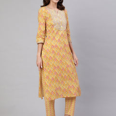 Yellow Pure Cotton Embroidered Round Neck Straight Kurta, Pant & Dupatta Set For Women Mizaz Jaipur