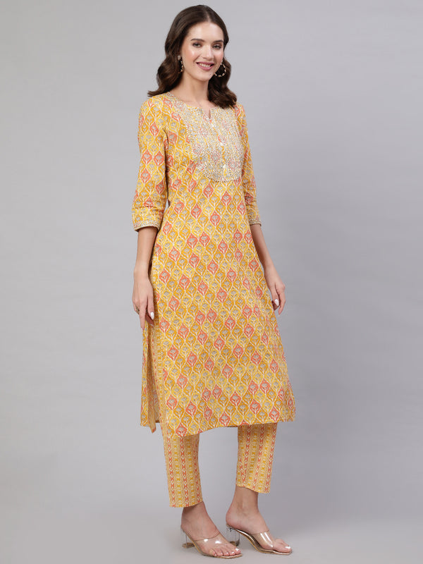 Yellow Pure Cotton Embroidered Round Neck Straight Kurta, Pant & Dupatta Set For Women Mizaz Jaipur
