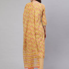 Yellow Pure Cotton Embroidered Round Neck Straight Kurta, Pant & Dupatta Set For Women Mizaz Jaipur
