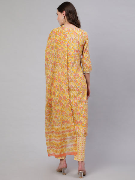Yellow Pure Cotton Embroidered Round Neck Straight Kurta, Pant & Dupatta Set For Women Mizaz Jaipur
