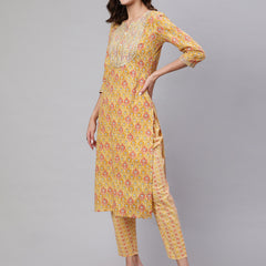 Yellow Pure Cotton Embroidered Round Neck Straight Kurta, Pant & Dupatta Set For Women Mizaz Jaipur