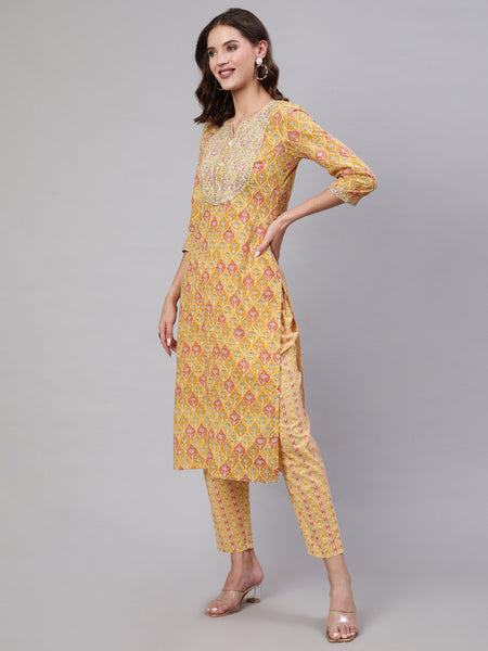 Yellow Pure Cotton Embroidered Round Neck Straight Kurta, Pant & Dupatta Set For Women Mizaz Jaipur