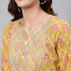 Yellow Pure Cotton Embroidered Round Neck Straight Kurta, Pant & Dupatta Set For Women Mizaz Jaipur