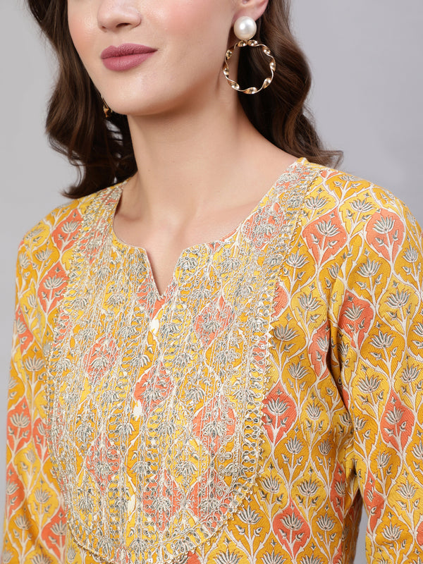 Yellow Pure Cotton Embroidered Round Neck Straight Kurta, Pant & Dupatta Set For Women Mizaz Jaipur