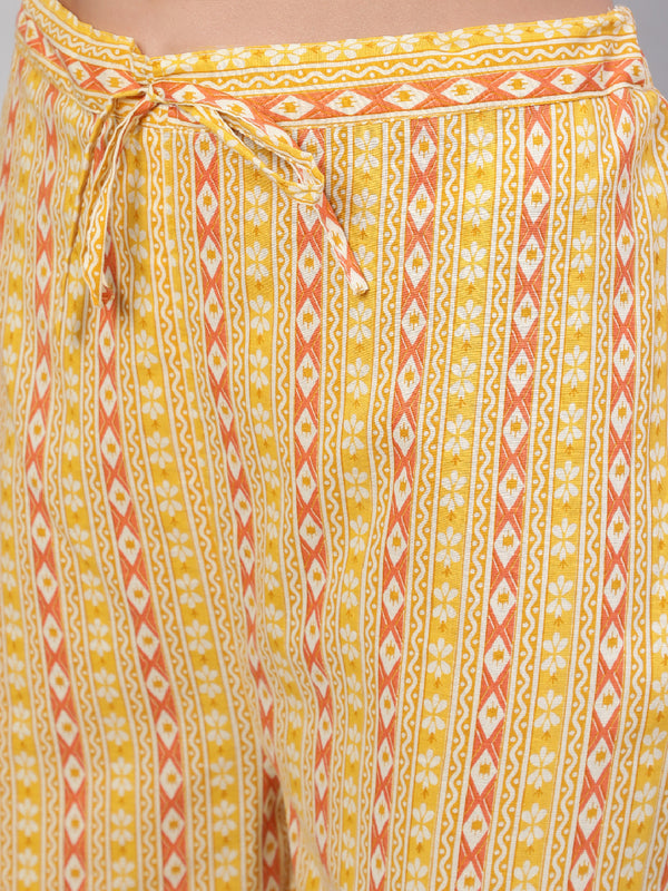 Yellow Pure Cotton Embroidered Round Neck Straight Kurta, Pant & Dupatta Set For Women Mizaz Jaipur