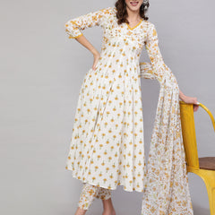 Mustard Pure Cotton Floral V Neck A-Line Kurta, Pant & Dupatta Set For Women Mizaz Jaipur