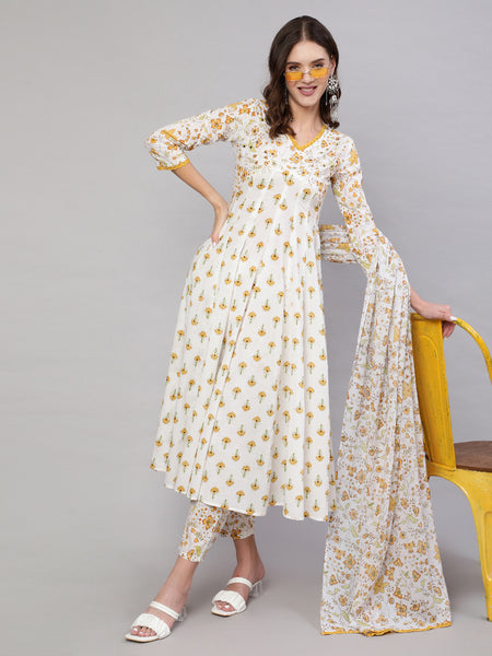 Mustard Pure Cotton Floral V Neck A-Line Kurta, Pant & Dupatta Set For Women Mizaz Jaipur