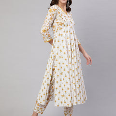 Mustard Pure Cotton Floral V Neck A-Line Kurta, Pant & Dupatta Set For Women Mizaz Jaipur
