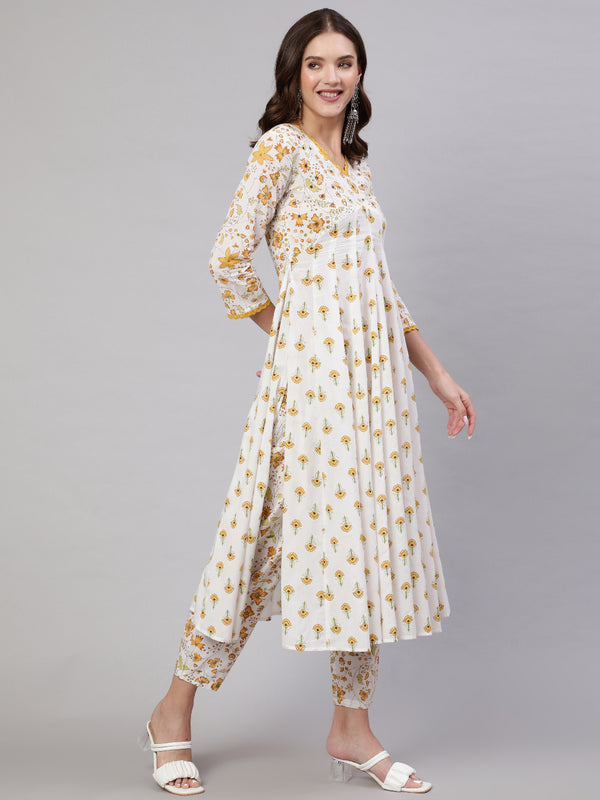 Mustard Pure Cotton Floral V Neck A-Line Kurta, Pant & Dupatta Set For Women Mizaz Jaipur