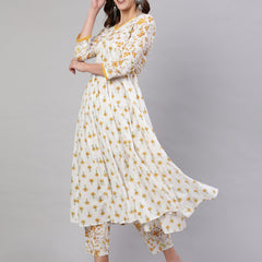 Mustard Pure Cotton Floral V Neck A-Line Kurta, Pant & Dupatta Set For Women Mizaz Jaipur