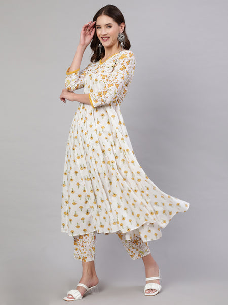 Mustard Pure Cotton Floral V Neck A-Line Kurta, Pant & Dupatta Set For Women Mizaz Jaipur