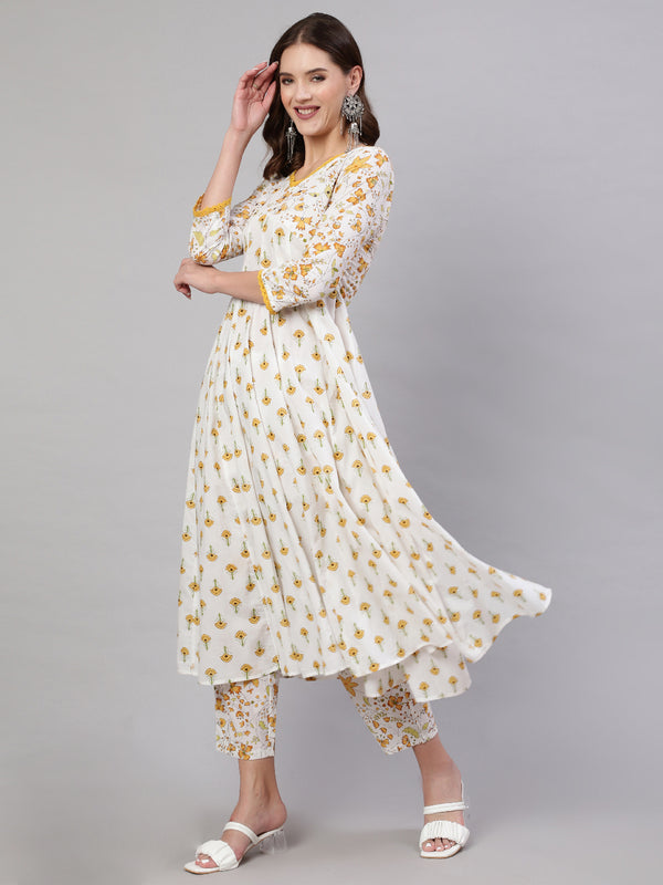 Mustard Pure Cotton Floral V Neck A-Line Kurta, Pant & Dupatta Set For Women Mizaz Jaipur
