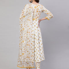 Mustard Pure Cotton Floral V Neck A-Line Kurta, Pant & Dupatta Set For Women Mizaz Jaipur