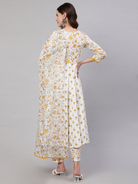 Mustard Pure Cotton Floral V Neck A-Line Kurta, Pant & Dupatta Set For Women Mizaz Jaipur