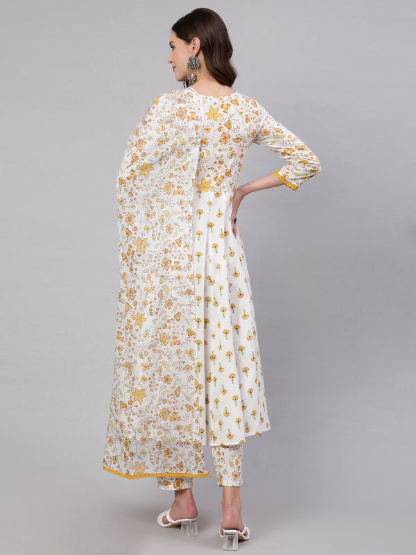 Mustard Pure Cotton Floral V Neck A-Line Kurta, Pant & Dupatta Set For Women Mizaz Jaipur