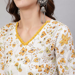 Mustard Pure Cotton Floral V Neck A-Line Kurta, Pant & Dupatta Set For Women Mizaz Jaipur