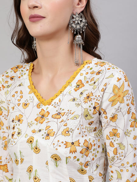 Mustard Pure Cotton Floral V Neck A-Line Kurta, Pant & Dupatta Set For Women Mizaz Jaipur