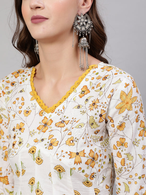 Mustard Pure Cotton Floral V Neck A-Line Kurta, Pant & Dupatta Set For Women Mizaz Jaipur
